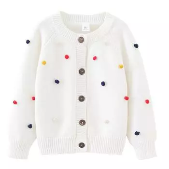 Весенне-осенний свитер-кардиган для детей с круглым вырезом, ручной вязки крючком, с разноцветными помпонами, куртка, кардиган из чистого хлопка для девочек 90cm