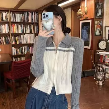 Весенне-осенний свитер, контрастный цветной свитер-поло, вязаный кардиган на молнии, женский дизайн, женский свитер One Size серый