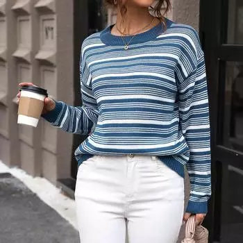 Весенне-осенний свитер, полосатый пуловер, блузка с круглым вырезом и длинными рукавами, топ, повседневный трикотаж с круглым вырезом S синий