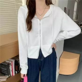 Весенне-осенний свитер с капюшоном на молнии для женщин, студенческое корейское пальто с длинными рукавами, короткий топ, модная женская одежда XXL белый