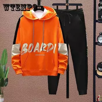 Весенне-осенний свитер, свитера с капюшоном и повседневные брюки, школьный спортивный костюм для подростков и студентов, мужчины XXXL оранжевый