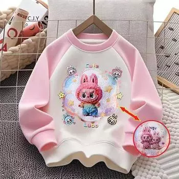 Весенне-осенний свитшот для девочек Labubu с пайетками, меняющий цвет, модный детский топ с длинным рукавом 110