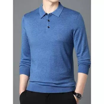 Весенне-осенний тонкий свитер с лацканами для мужчин среднего возраста с шерстяной свободной футболкой с лацканами, повседневная однотонная трикотажная рубашка-поло M