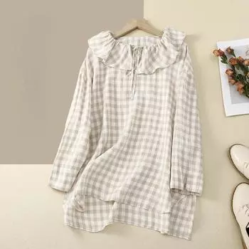 Весенне-осенний топ для женщин, свободная литературная блузка с воротником лотоса на шнуровке и длинными рукавами, рубашка в клетку в клетку M абрикосовый