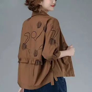 Весенне-осенний топ с принтом, женская рубашка для мам среднего возраста, свободное повседневное короткое и тонкое пальто M темно-коричневого