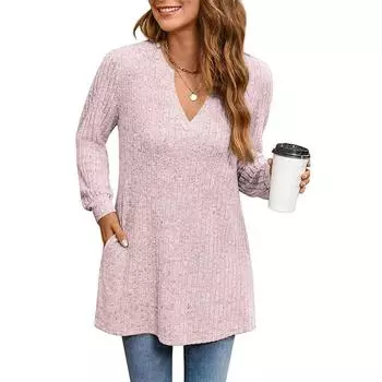 Весенне-осенний топ, женский повседневный длинный вязаный свитер с длинными рукавами и карманами, однотонный свободный пуловер с боковыми разрезами S розовый