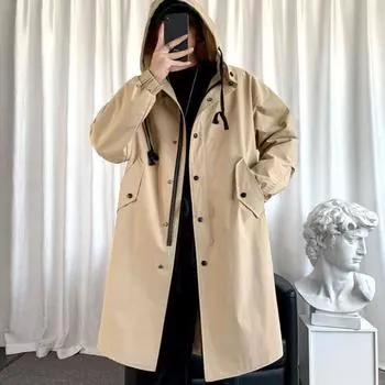 Весенне-осенний тренд, ветровка с капюшоном, мужская однотонная куртка, повседневное свободное пальто, удобная длинная парка S хаки