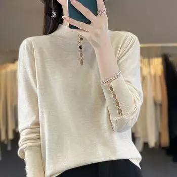 Весенне-осенний трикотаж, женский полый однотонный темпераментный низ с полувысоким воротником, простой свитер M абрикосовый