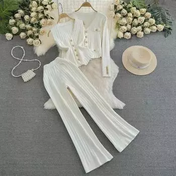 Весенне-осенний трикотажный свитер с длинными рукавами и широкими брюками, комплект из двух предметов One Size белый