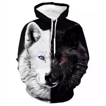 Весенне-осенний уличный тренд, мужской повседневный свитер с капюшоном и длинными рукавами, 3D-принт головы волка S