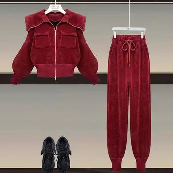 Весенне-осенний вельветовый комплект, женское облегающее пальто с воротником поло и высокой талией, повседневные брюки с завязками, комплект из двух предметов, одежда для женщин XXL чёрный