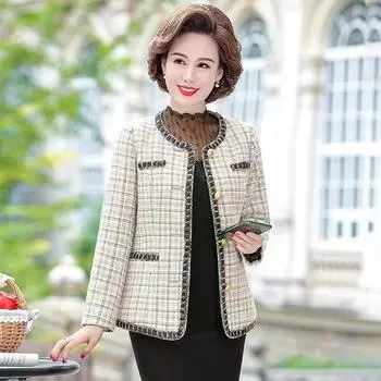 Весенне-осенний винтажный твидовый пиджак с небольшим ароматом, женское повседневное короткое пальто в клетку для мамы, пиджак в клетку, верхняя одежда 5XL W111 XL