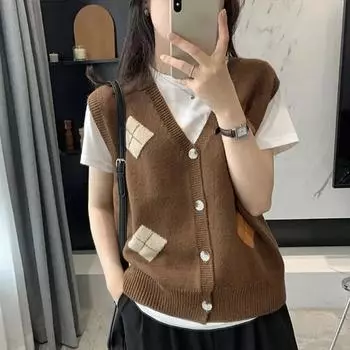 Весенне-осенний винтажный вязаный жилет с треугольным вырезом и треугольным вырезом, женский кардиган на бретельках с вязаным свитером, жилет без рукавов, женский One Size чёрный