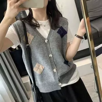 Весенне-осенний винтажный вязаный жилет с v-образным вырезом и ромбами для женщин, многослойный жилет, свитер, повседневный кардиган, свитер, жилет, топы One Size чёрный