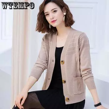 Весенне-осенний вязаный кардиган, модная короткая куртка, чистый цвет, простой стиль, женский свитер XXL