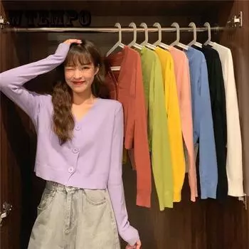 Весенне-осенний вязаный кардиган с длинными рукавами, свитер с v-образным вырезом, однотонное короткое повседневное пальто SL S