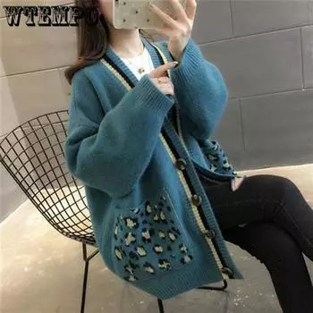 Весенне-осенний вязаный кардиган с V-образным вырезом, женский свитер с леопардовым принтом и карманами, универсальное студенческое пальто средней длины, кардиган XL