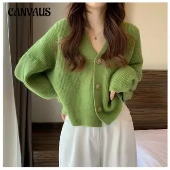 Весенне-осенний вязаный кардиган, свободная блузка с длинными рукавами и длинными рукавами, корейский свитер с v-образным вырезом, куртка Tide One Size темно-синий