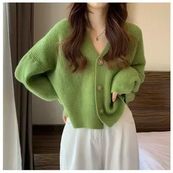 Весенне-осенний вязаный кардиган, свободная блузка с длинными рукавами и длинными рукавами, корейский свитер с v-образным вырезом, куртка Tide One Size темно-синий