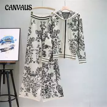 Весенне-осенний вязаный костюм, модный жаккардовый свободный вязаный кардиган с длинными рукавами и тушью, топ, широкие брюки, комплект из двух предметов