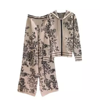 Весенне-осенний вязаный костюм, модный жаккардовый свободный вязаный кардиган с длинными рукавами и тушью, топ, широкие брюки, комплект из двух предметов One Size серый