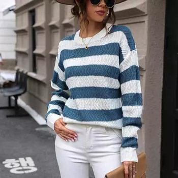 Весенне-осенний вязаный свитер в полоску с круглым вырезом, вязаный свитер ярких цветов, женская блузка, топы S синий