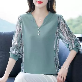 Весенне-осенний вязаный топ, новая свободная повседневная рубашка с длинными рукавами, футболка для матери, M-4XL XXXL зелёный