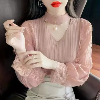 Весенне-осенний вязаный топ с длинными рукавами, новая мода, кружевная женская трикотажная блузка с полувысоким воротником XL белый