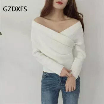 Весенне-осенний вязаный женский пуловер с v-образным вырезом и открытыми плечами onesize белый