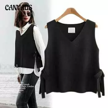 Весенне-осенний вязаный жилет, свитер, жилет, женский свободный жилет с V-образным вырезом и капюшоном без рукавов S чёрный