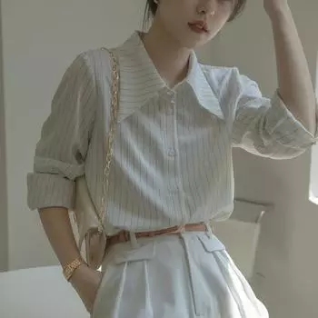 Весенне-осенний женский белый полосатый топ с воротником с лацканами, профессиональная женская шифоновая рубашка с длинными рукавами L белый