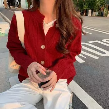 Весенне-осенний женский кардиган 2022, свитер, пальто, топ с круглым вырезом, корейская версия, свободный вязаный кардиган с длинными рукавами, топы-свитера One Size хаки