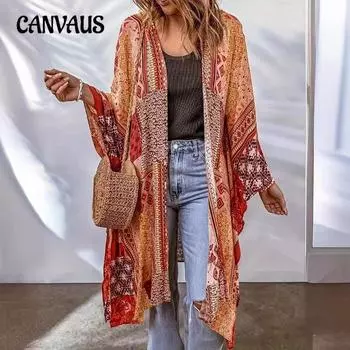 Весенне-осенний женский кардиган, богемный кардиган, плащ-летучая мышь с ацтекским принтом One Size красный/чёрный