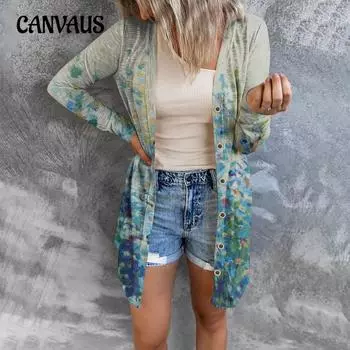 Весенне-осенний женский кардиган больших размеров с цветочным принтом, куртка средней длины S