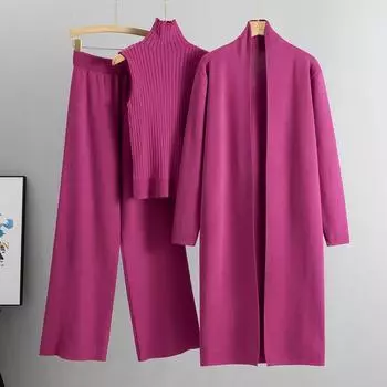 Весенне-осенний женский кардиган из 3 предметов, спортивные костюмы, модный вязаный комплект со штанами, женский свитер, костюм, винтажный модный женский комплект из 3 предметов one size розы красного