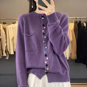 Весенне-осенний женский кардиган из камвольной вязки, свитер, повседневные свободные женские топы с круглым вырезом, цветное однобортное пальто с карманами XXL чёрный