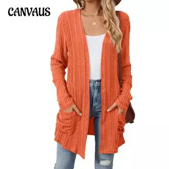 Весенне-осенний женский кардиган, однотонный кардиган в полоску с начесом и карманами, куртка с длинными рукавами S тёмно-синий