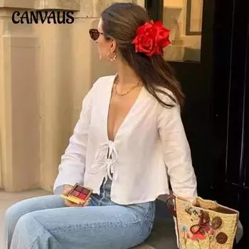 Весенне-осенний женский кардиган, топ с длинными рукавами и глубоким V-образным вырезом, завязкой и расклешенными рукавами S белый