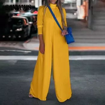 Весенне-осенний женский комбинезон больших размеров, однотонный, с воротником-стойкой, с длинными рукавами, модные ретро-плиссированные широкие брюки