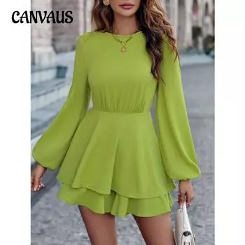 Весенне-осенний женский комбинезон, модный тренд, однотонный комбинезон с круглым вырезом и длинными рукавами S чёрный