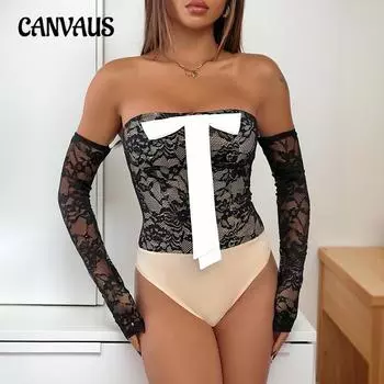 Весенне-осенний женский комбинезон на одно плечо с бантом и кружевом, боди с эффектом слияния S чёрный