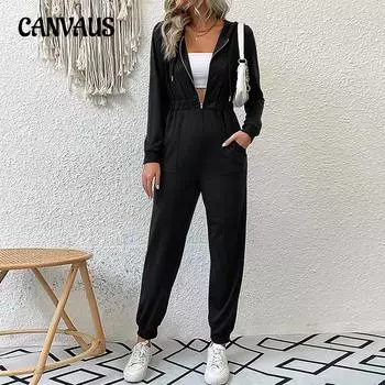 Весенне-осенний женский комбинезон с капюшоном и длинными рукавами на молнии с капюшоном, повседневный спортивный комбинезон S чёрный