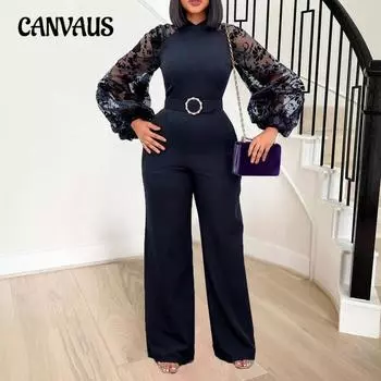 Весенне-осенний женский комбинезон с воротником-стойкой и сетчатыми рукавами-фонариками, тонкий комбинезон большого размера с широкими штанинами и поясом S белый