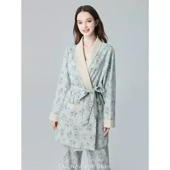 Весенне-осенний женский комплект из двух предметов с поясом, мягкий жаккард, элегантная пижама с длинными рукавами, женская верхняя одежда, домашняя одежда XS