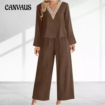 Весенне-осенний женский комплект из топа и брюк с v-образным вырезом из хлопка и льна, повседневный комплект из топа и брюк с длинными рукавами S темно-коричневого
