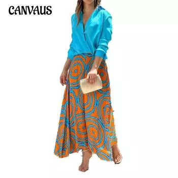 Весенне-осенний женский комплект с юбкой, однотонное длинное платье с v-образным вырезом и принтом, комплект из двух предметов с темпераментными лацканами S фиолетовый