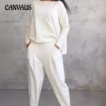 Весенне-осенний женский костюм больших размеров, однотонный, повседневный, с короткими штанинами, круглым вырезом и длинными рукавами