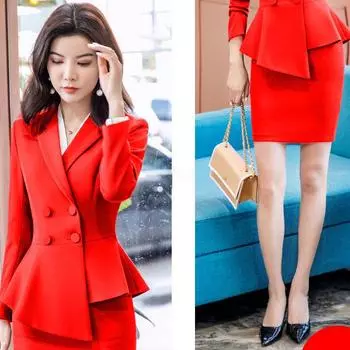 Весенне-осенний женский костюм больших размеров на пуговицах из однотонной приталенной куртки и облегающей юбки-полукомбинезона из двух предметов 4XL