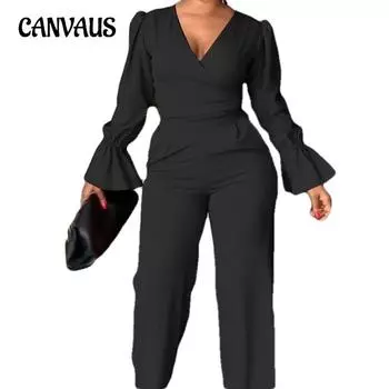 Весенне-осенний женский костюм из двух предметов с расклешенными рукавами и v-образным вырезом, завязками, топ, брюки, модный повседневный костюм S чёрный