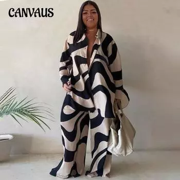 Весенне-осенний женский костюм-рубашка плюс размер, модный костюм, свободная рубашка с длинными рукавами и принтом, прямые брюки